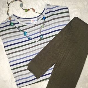 LuLaRoe Neutral Grey Olive Striped Irma Tunic Tee